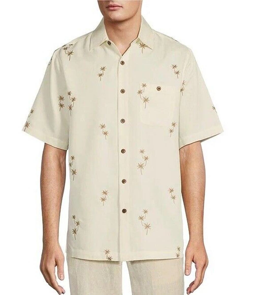 Caribbean Cream Gold Embroidered Palm Tree Short Sleeve Woven Shirt XXL